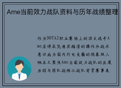Ame当前效力战队资料与历年战绩整理