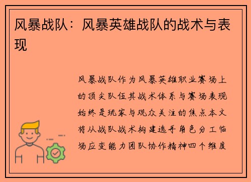 风暴战队：风暴英雄战队的战术与表现