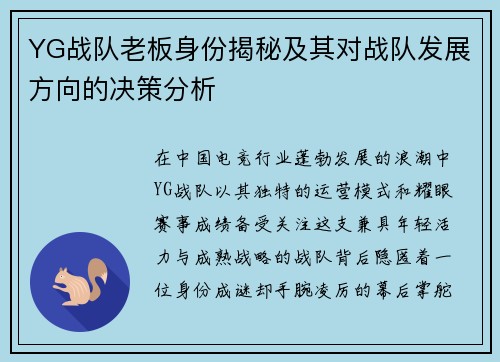 YG战队老板身份揭秘及其对战队发展方向的决策分析
